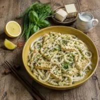 Lemon coconut tofu udon with fresh herbs, scallions and creamy coconut sauce