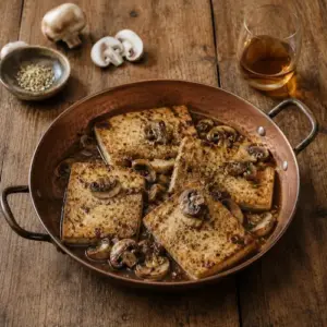 Mushroom tofu Marsala with golden tofu steaks and rich wine sauce