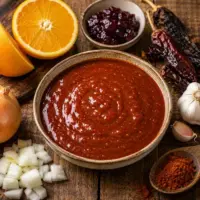 chipotle barbecue sauce and smoky orange barbecue sauce served on a rustic wooden table with fresh herbs and grilled barbecue food