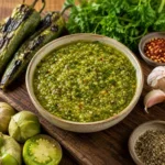 roasted chile chimichurri and green chile sauce served on a rustic wooden table with fresh herbs