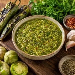 roasted chile chimichurri and green chile sauce served on a rustic wooden table with fresh herbs
