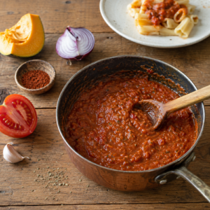 Smoky pumpkin marinara served warm with fresh basil