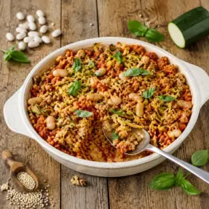 Tempeh couscous bake with cannellini beans, zucchini and tomato
