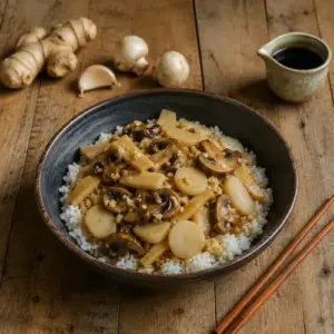 Vegan Moo Goo Gai Pan with mushrooms, bamboo shoots and water chestnuts