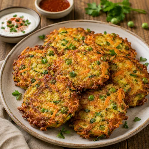 Vegetable Fritters served golden and crispy with a creamy dipping sauce on a rustic wooden table.
