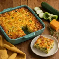 Cheddar zucchini egg casserole with green pepper and golden cheese