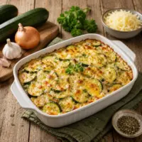 Cheesy Zucchini Casserole baked with fresh zucchini, mozzarella cheese, onions, and herbs until golden brown.