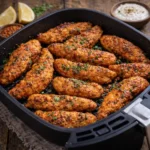 Air fried spiced chicken tenders in een airfryer mand op een rustieke houten tafel, uitgezoomd met kruiden, citroen en dipsaus ernaast