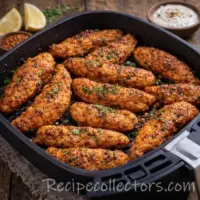 Air fried spiced chicken tenders in een airfryer mand op een rustieke houten tafel, uitgezoomd met kruiden, citroen en dipsaus ernaast