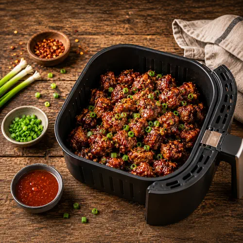 Air fryer Manchurian chicken with glossy garlic ginger sauce