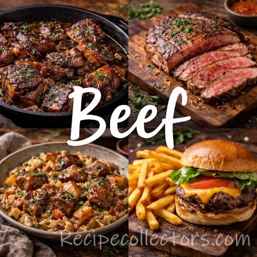 Beef recipes with hearty homemade beef dishes on a rustic wooden table