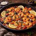 blackened shrimp skillet with a smoky spice crust served in a pan on a very dark rustic oak wooden table