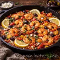 Mediterranean Shrimp Skillet with shrimp, cherry tomatoes, garlic, herbs, and feta cheese in a rustic skillet.