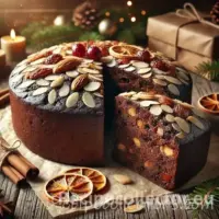 Traditional Boiled Christmas Cake decorated for Christmas with dried fruit, almonds, and festive spices on a rustic cake stand.