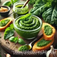 Kale basil pesto spread made with fresh parsley, garlic, basil and extra-virgin olive oil