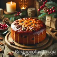 Buttered Rum Christmas Cake decorated with festive fruit and served on a rustic wooden table.