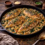 chicken and orzo skillet with tender chicken, herbs, and pasta