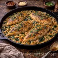 chicken and orzo skillet with tender chicken, herbs, and pasta