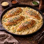 creamy chicken alfredo skillet with tender chicken and rich parmesan sauce