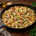 chicken carbonara pasta with bacon and parmesan served in a rustic bowl on a dark wooden table