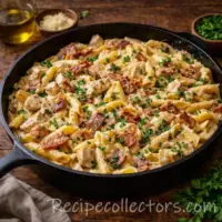 chicken carbonara pasta with bacon and parmesan served in a rustic bowl on a dark wooden table