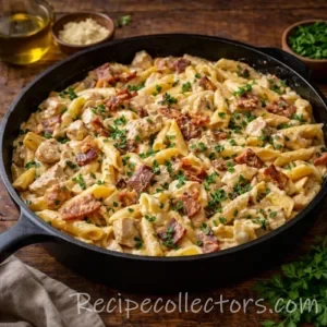 chicken carbonara pasta with bacon and parmesan served in a rustic bowl on a dark wooden table