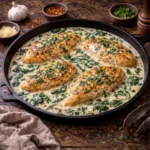 creamy chicken florentine skillet with tender chicken in garlic cream sauce and spinach