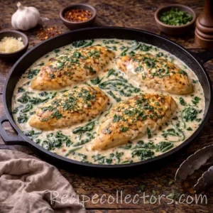 creamy chicken florentine skillet with tender chicken in garlic cream sauce and spinach