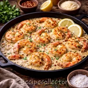 creamy garlic shrimp skillet with tender shrimp in a rich garlic parmesan sauce