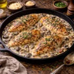 creamy mushroom chicken skillet with juicy chicken in a garlic parmesan mushroom sauce