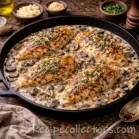 creamy mushroom chicken skillet with juicy chicken in a garlic parmesan mushroom sauce