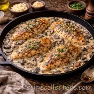 creamy mushroom chicken skillet with juicy chicken in a garlic parmesan mushroom sauce
