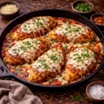 crispy chicken parmesan skillet topped with marinara and melted mozzarella