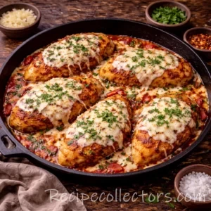 crispy chicken parmesan skillet topped with marinara and melted mozzarella