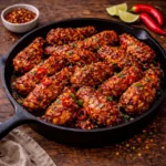 garlic chicken bites seared golden in a skillet on a dark rustic wooden table