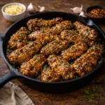 oven chicken wings with crispy skin and garlic glaze served on a dark rustic wooden table