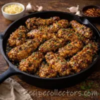 oven chicken wings with crispy skin and garlic glaze served on a dark rustic wooden table