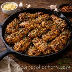 oven chicken wings with crispy skin and garlic glaze served on a dark rustic wooden table