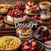 Dessert recipes with sweet homemade desserts on a rustic wooden table