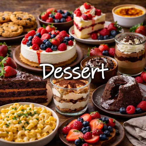 Dessert recipes with sweet homemade desserts on a rustic wooden table