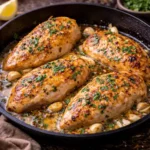 garlic butter chicken skillet with golden seared chicken in a rich butter garlic sauce