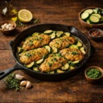 Goudbruin gebakken kipfilets met knoflook en kruiden, geserveerd met courgette in een gietijzeren skillet op een robuuste houten tafel met verse ingrediënten eromheen.