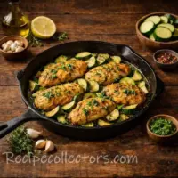 Goudbruin gebakken kipfilets met knoflook en kruiden, geserveerd met courgette in een gietijzeren skillet op een robuuste houten tafel met verse ingrediënten eromheen.