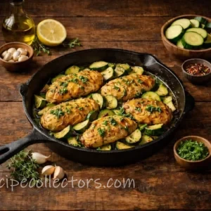 Goudbruin gebakken kipfilets met knoflook en kruiden, geserveerd met courgette in een gietijzeren skillet op een robuuste houten tafel met verse ingrediënten eromheen.