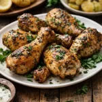 Juicy garlic herb grilled chicken drumsticks with crispy skin served on a rustic wooden table