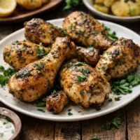 Juicy garlic herb grilled chicken drumsticks with crispy skin served on a rustic wooden table