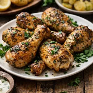 Juicy garlic herb grilled chicken drumsticks with crispy skin served on a rustic wooden table