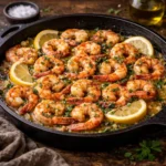 garlic shrimp and rice skillet served in a pan on a very dark rustic oak wooden table