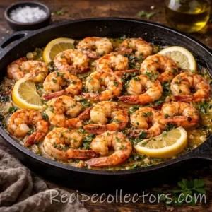 garlic shrimp and rice skillet served in a pan on a very dark rustic oak wooden table