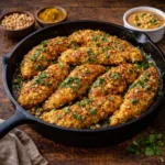 curry peanut chicken tenders coated in creamy sauce served in a skillet on a dark rustic wooden table